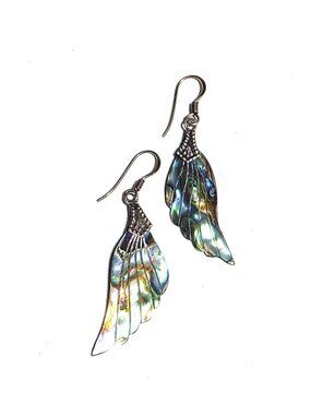 Abalone shell feather earrings - unmarked Mexican silver